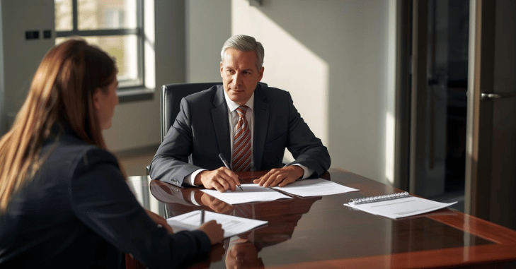 Adviser and client reviewing paperwork in a meeting