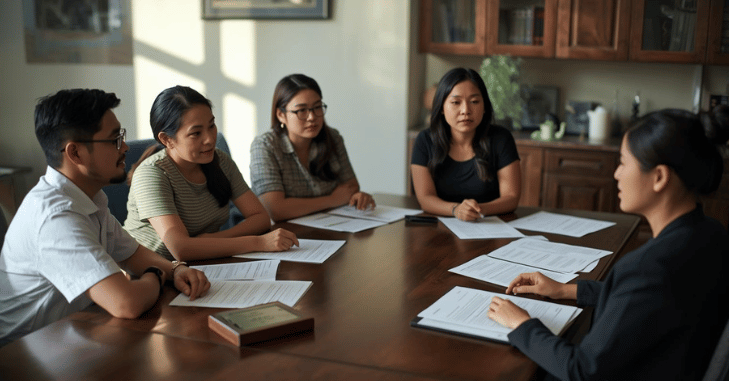 Executor sorting through estate paperwork at home