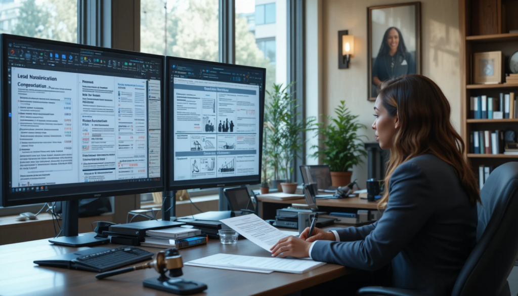 Employee reviewing workplace policy documents at a desk