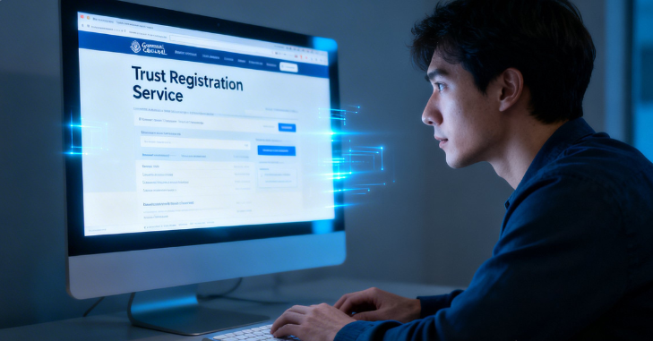 Online trust registration service shown on a laptop