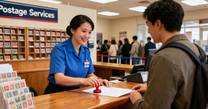 Person handing identity documents across a counter